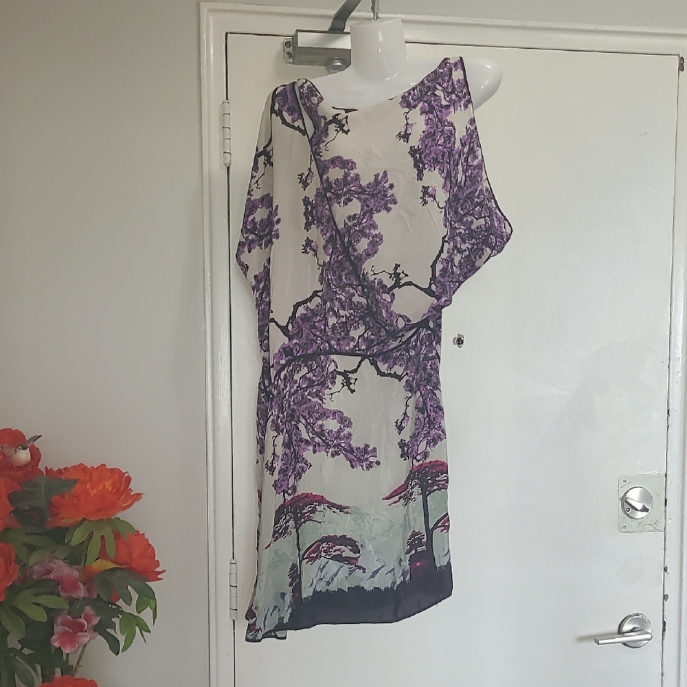 BCBGMaxAzria Purple One Shoulder Cocktail Dress Asian Cherry Blossom Trees Flora